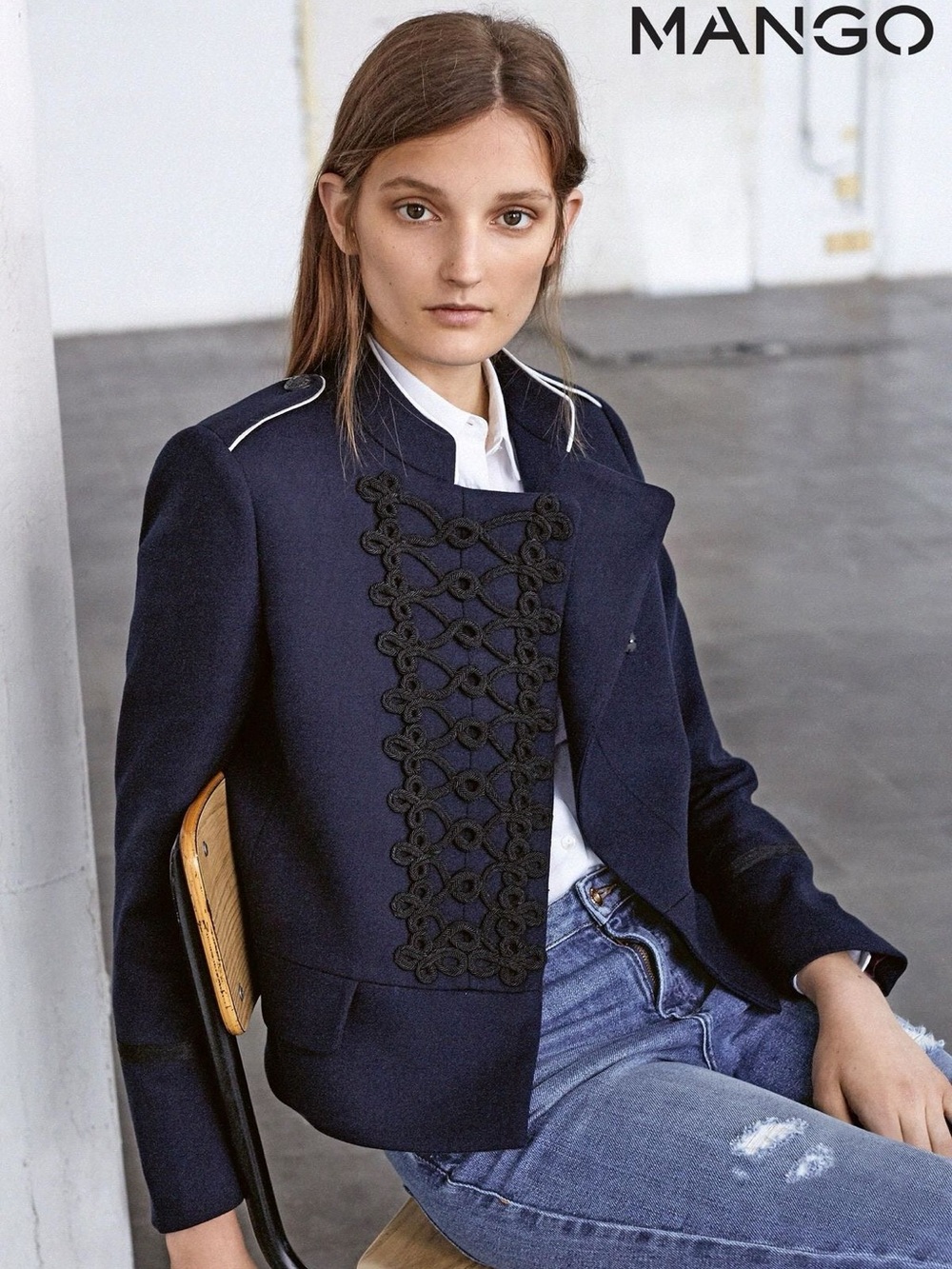 Mango MNG Suit Navy Military Hussar Jacket Black Soutache Braiding Size S
